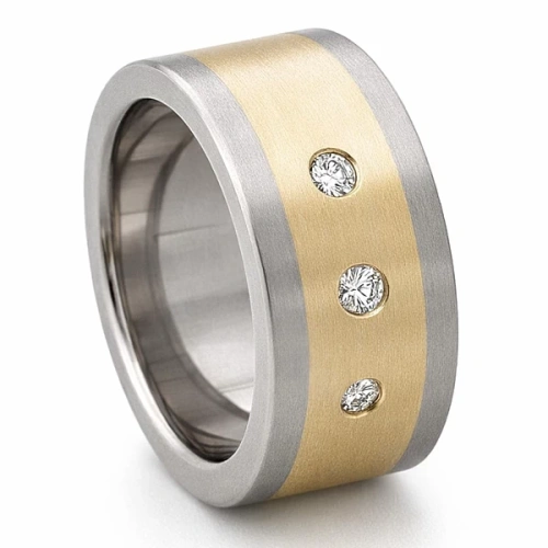Obrączka z tytanu i żółtego złota z 3 diamentami 10 mm
