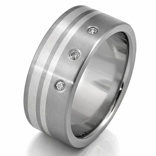 Obrączka z tytanu i srebra z 3 diamentami 9 mm