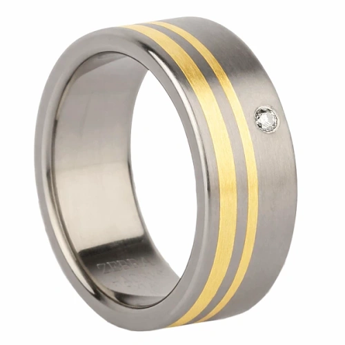 Obrączka z tytanu i żółtego złota z diamentem 9 mm
