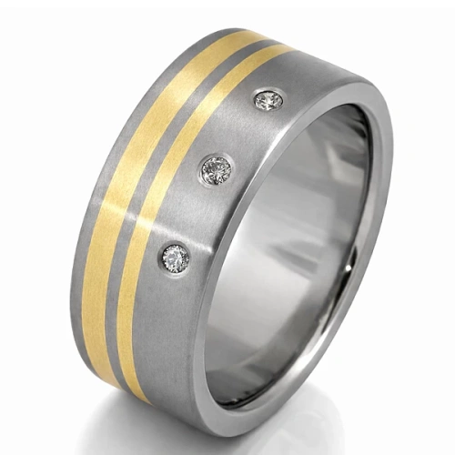 Trauring aus Titan und Gelbgold mit 3 Diamanten 9 mm